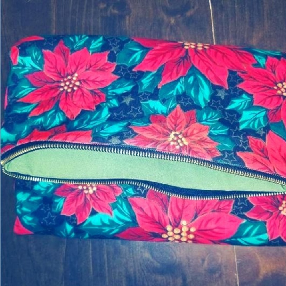 Red Flower Foldover Clutch with Lime Green Inside